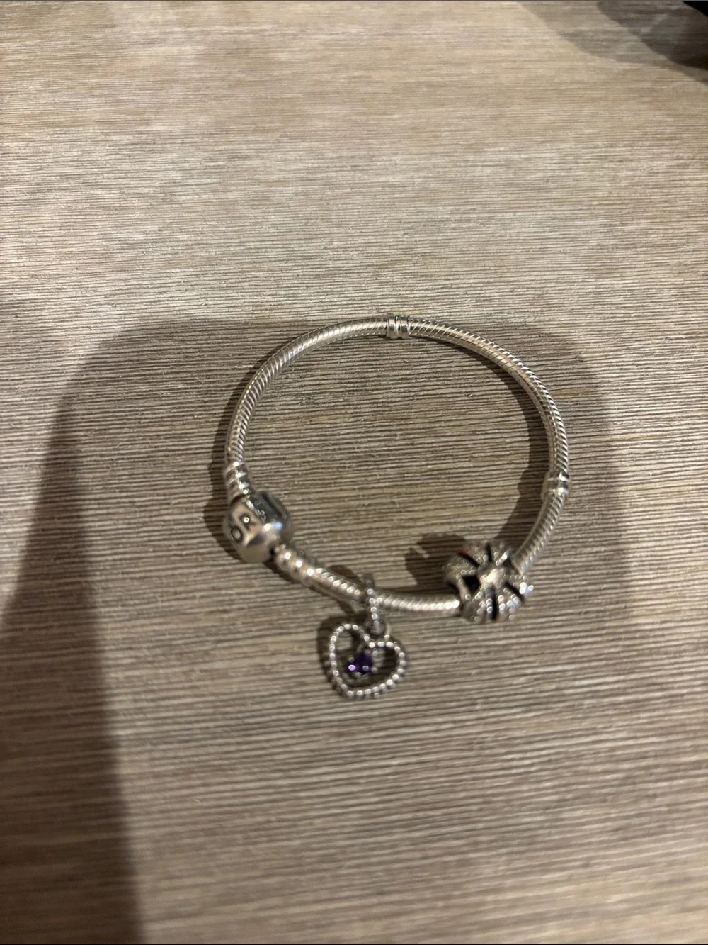 Pandora Silver Bracelet with Purple Heart Dangle